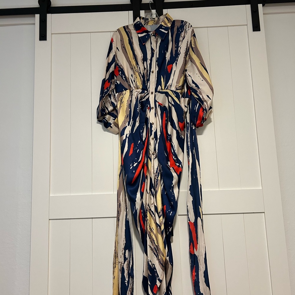 Red and White Dress with Bishop Sleeves and Dress Shirt Collar